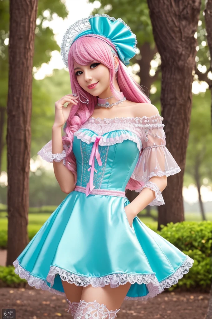 nsfw, sexy Thai princess, only 1 female, ((doll-like appearance)), short neon pink stylish hair, ((shiny Victorian-Style boots)), (big smile), ultra detailed eyes, vivid eye makeup, lipgloss, long lashes, defined eyebrows, ((sexy Paradise Kiss cosplay)), bell-shaped skirt, petticoats, high neckline, puffed sleeves, ((ultra detailed lace)), ((ultra detailed embroidery)), intricate details, Paradise Kiss accessoires and matching headpiece, choker, ((large sparkling Paradise Kiss jewelry)), cinematic light, detailed large park background with trees