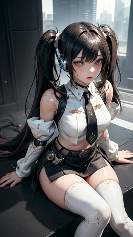NSFW:1.4、Masterpiece、最high quality、high quality、High definition、High resolution、High detail、Lens flare、Ray Tracing、high qualityのテクスチャー、high qualityの影、Beautiful details、Detailed explanation、Detailed texture、Realistic facial expression、Realistic and colorful、Delicate、Cinematic Light、Side light、Sharp Focus、(1 Female:1.3)、(Intricate detailakeup、Pure Eros Face_v1:0.5)、(Details Beautiful delicate face、Detailed beautiful delicate eyes、Perfect Facial Proportions、Detailed skin、Charm、Detailed chest、Large upward-facing breasts)、Underee-through)、Wet、slender、sexy、High Leg、V-Cut、Fancy Twin Tails、Beautiful bangs、(Lift-up mini skirt)、(Mini skirt soaring in the wind)、(high slit)、Knee-high、Thighs、Cyberpunk Boots、White shirt、Crop top、tie、Headphones、Cyberpunk Sleeve Removal、Cyberpunk Belt、Cyberpunk City、Full body photography、Low - Angle、Condescending Gaze、Raise your knees、(Take a deep breath、Work on this image step by step)