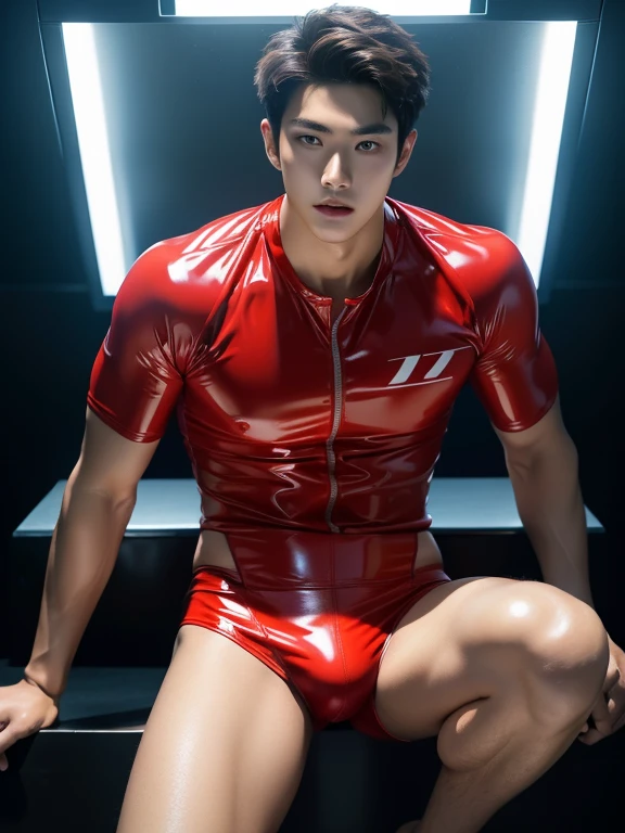 Korean, latex、hero costume , Sports Racing Competitive One Piece Swimwear、The legs are also visible, bulge , whole body , realistic handsome Korean face , Natural Muscle , Beardless face、masterpiece、High resolution、Hyperrealism、Detailed face、alone、male、Glowing Skin、(Asian)、(young、teenager)、good looking、Detailed Background、good looking