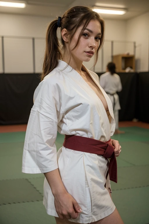 Uma Thurman with pigtail hair covered in katanas all over her naked body