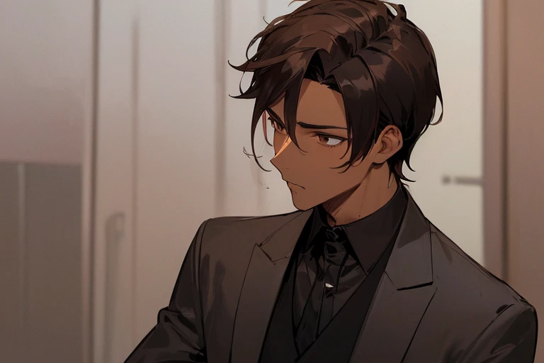 (((Brown skin))),(((male))),(((Brown Hair))),(((downturned eyeullet hairstyle))),dark-skinned male,(((slender face))),(((streaked hair))),(((hair between eyeafia))),(((black suit))),(((short hair))),(((solo))),(((nsfw)))