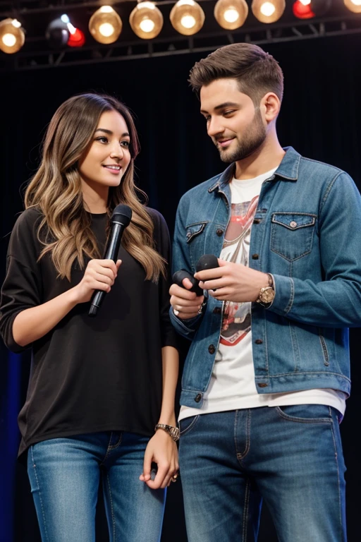 hetero couple 30 years old, balayage hair, wearing a casual clothes, with microphone and with a bouquet in hands highly detailed, with a rings detailed, on a stage talking with a young peopl hiquality, with a rings, hazel eyes, hyper-realistic, talking with a wife expression, Canon, Nikon, 85mm, HD, 4K, 8k Casual clothes,
