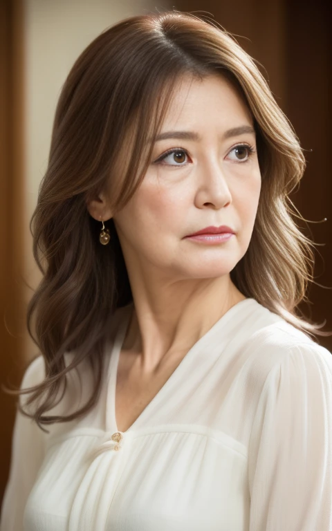 masterpiece,highest quality, (1 mature woman), 60 years old、((Portraiture:1.5)), ((Looking down, Looking at the audience)), compensate, Elegant blouse, Wavy Hair, ((He pouted.)),