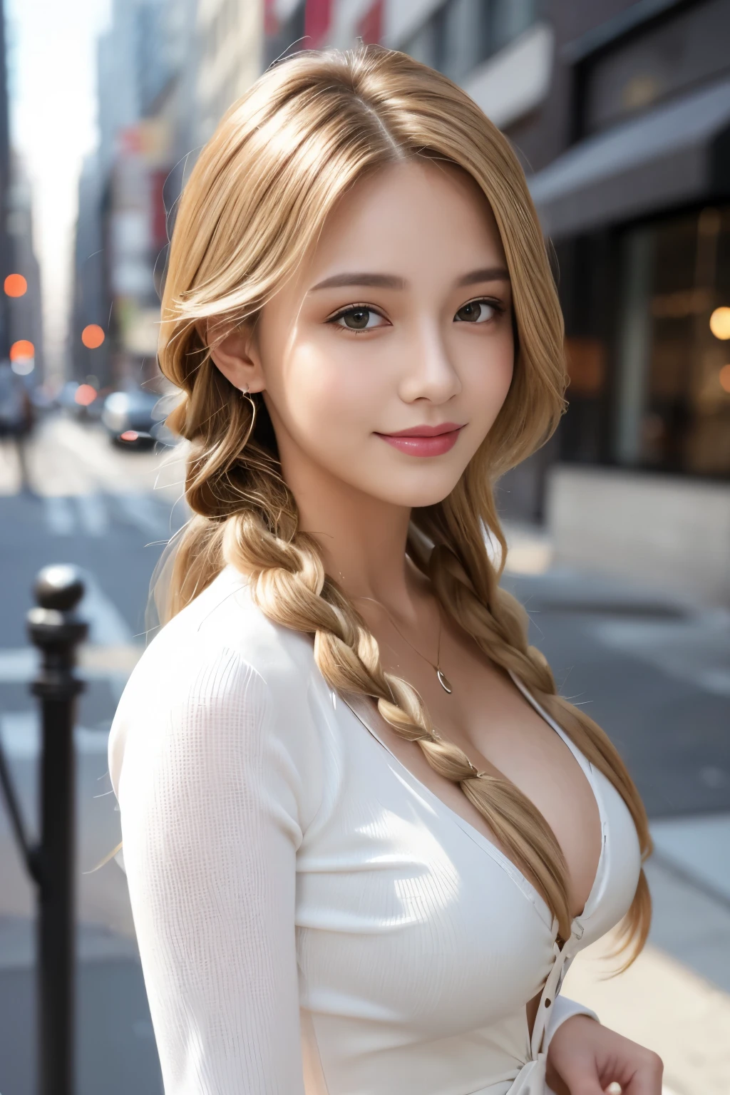 American New York City background, best quality, realistic, ultra-detailed, delicate, high resolution, 8K wallpaper, one beautiful woman, blond braided hair, large cleavage visible, wearing a flattering see-through dress shirt with open collar, sharp focus, perfect dynamic composition, fine and beautiful eyes, thin hair, fine and realistic skin texture, fine details, close-up portrait, model's body shape thin hair, fine and realistic skin texture, smiling, dynamic angle, full shot, elegant, model's body shape
Translated with DeepL.com (free version)