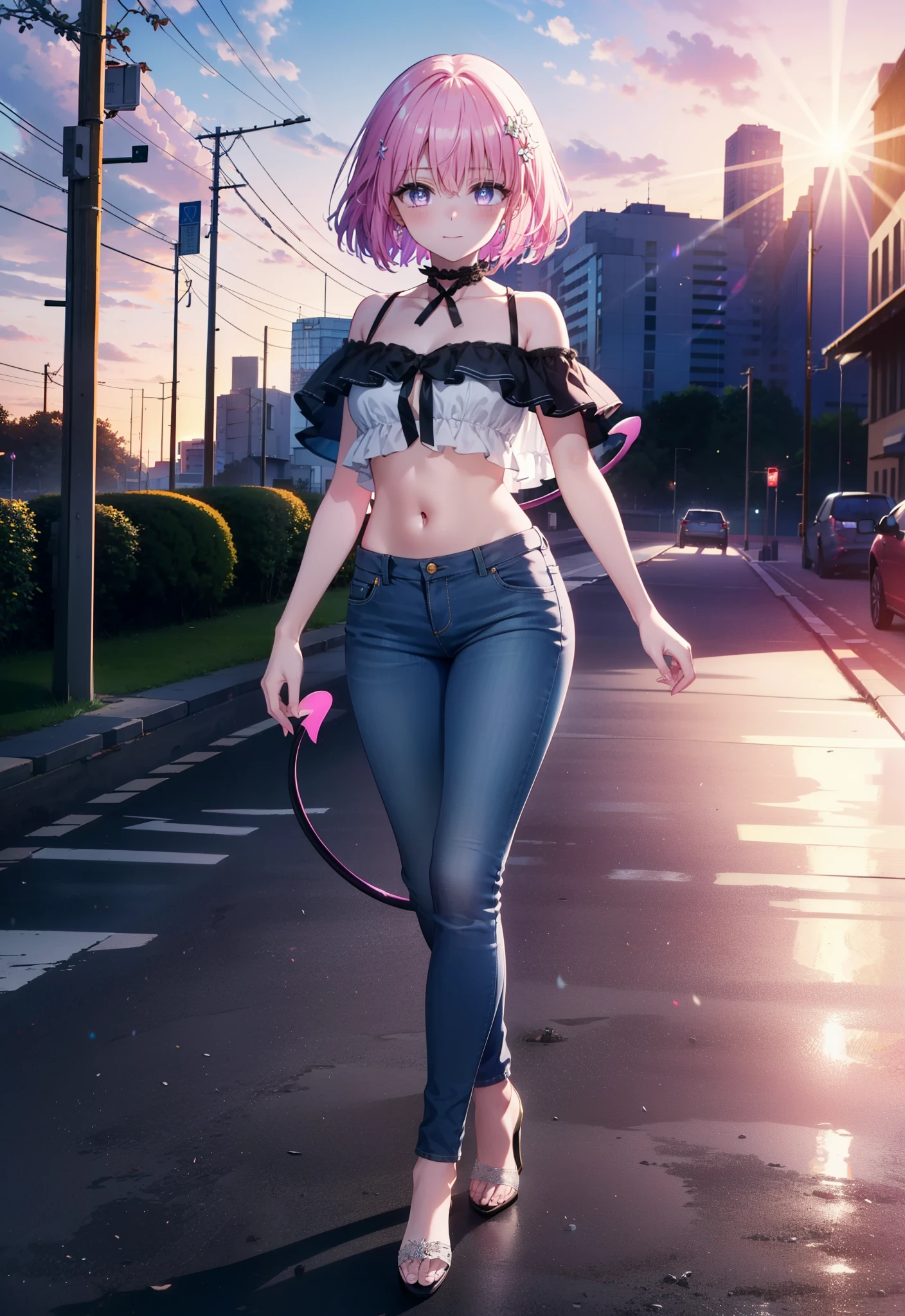 Momodebilke, A type of Deviluke, demon tail, Hair Flowers, hair ornaments, (Purple eyes:1.1), Pink Hair, short hair, tail, smile,
break demon tail, Cordo shoulder top,Skinny jeans,Stiletto heels,morning,morning陽,The sun is rising,Walking,whole bodyがイラストに入るように, break outdoors, 公園 break looking at viewer, whole body, break (masterpiece:1.2), highest quality, High resolution, unity 8k wallpaper, (figure:0.8), (beautiful detailed eyes:1.6), extremely detailed face, Perfect lighting, extremely detailed CG, (Perfect hands, Perfect Anatomy),