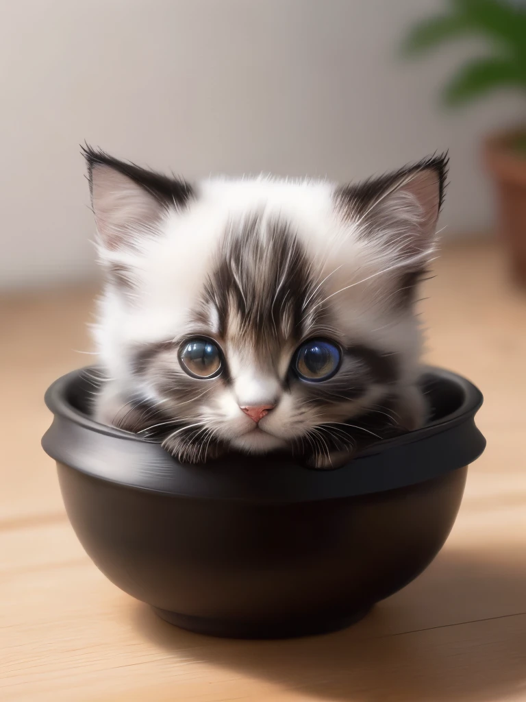 (highest quality,4K,8k,High resolution,masterpiece:1.2),Super detailed,(Realistic,Realistic,Photorealistic:1.37),indoor,Cute black and white mixed kitten,Beautiful crack、Art Gallery、(Very small kitten)、Random Pause