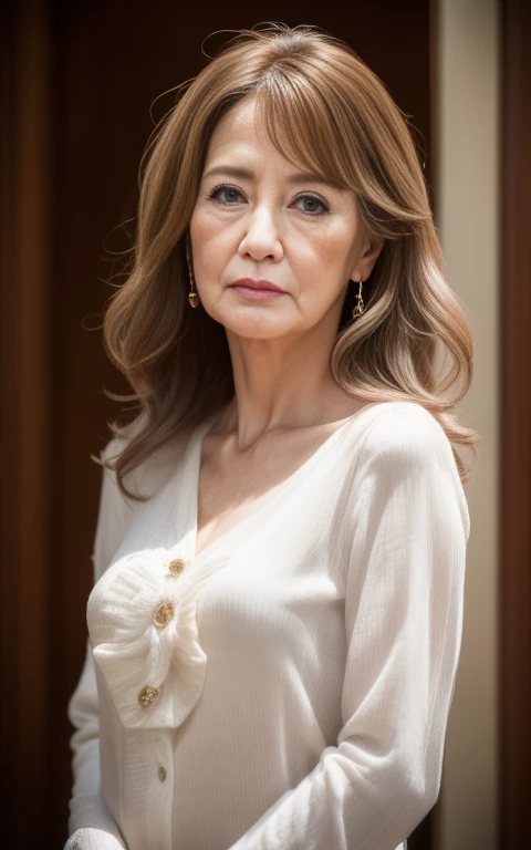 Beautiful mature woman with beautiful wavy long hair, Sexy Mature, She is panting with an expression of endurance., Brightly lit from the front, Ultra-high resolution,(Realistic:1.4), ((Highest quality)), ((masterpiece)), (be familiar with),
