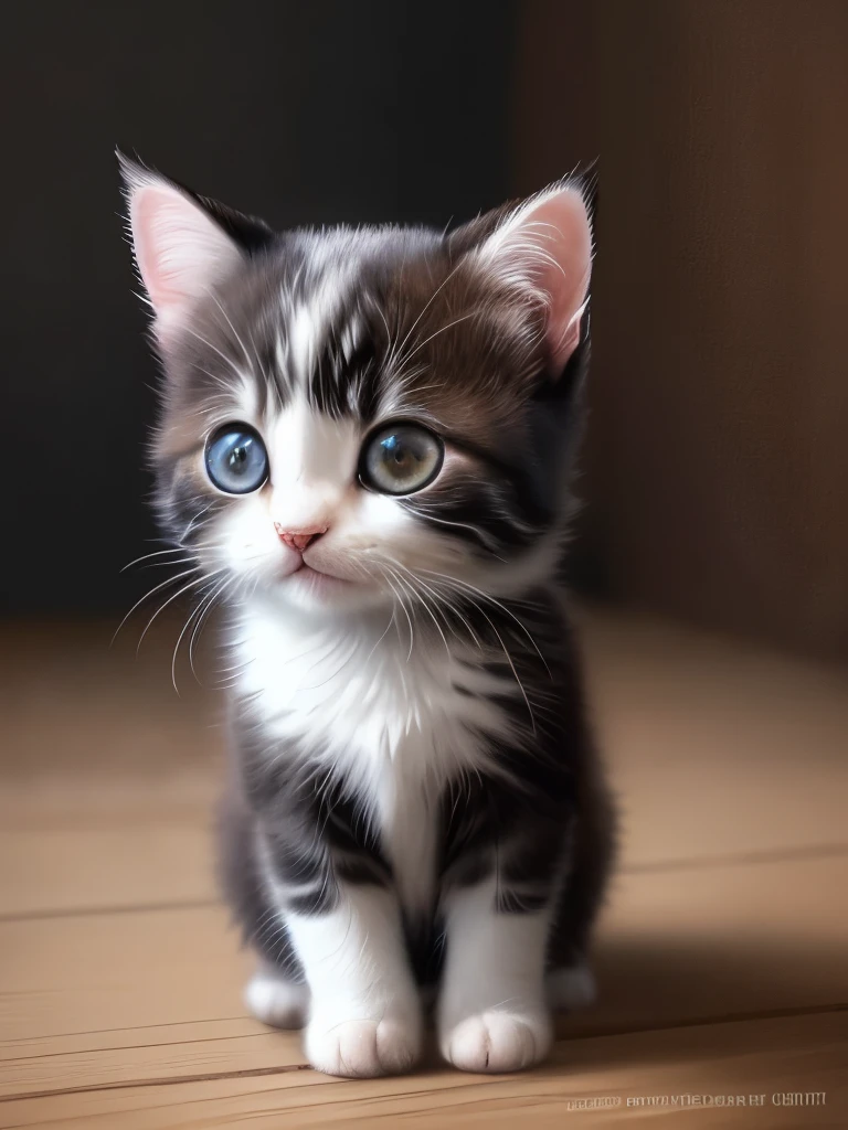 (highest quality,4K,8k,High resolution,masterpiece:1.2),Super detailed,(Realistic,Realistic,Photorealistic:1.37),indoor,Cute black and white mixed kitten,Beautiful crack、Art Gallery、(Very small kitten)、Random Pause