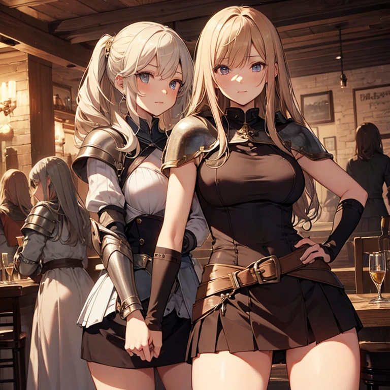 A group of female medieval fantasy adventurers, (in tavern), various hair styles, harem, night, details face, short skirt, seducing, sleeveless, armor