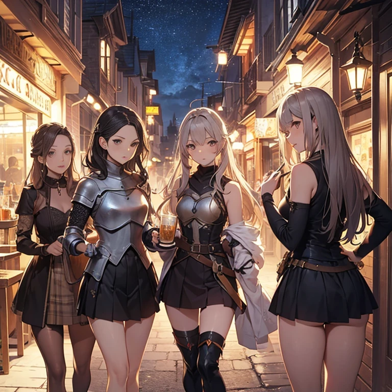 A group of female medieval fantasy adventurers, (in tavern), various hair styles, harem, night, details face, short skirt, seducing, sleeveless, armor