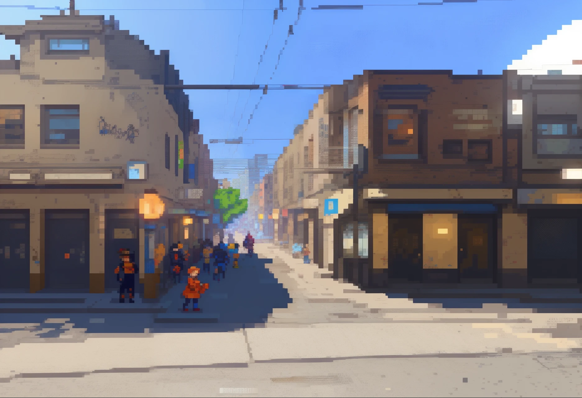 detailed graffiti, vibrant colors, urban life, bustling atmosphere, night scene, streetlights, harmonious blend of old and new architecture. (best quality, 4k, highres, pixel art, concept artists), [fight game background], [soft lighting], [nostalgic vibe] pixelart 