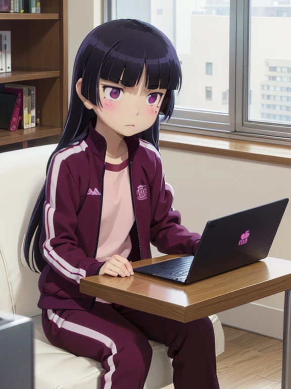(ruri gokou), long hair, blush, black hair, 1girl, pants, mole, mole under eye, wine red track jacket, track suit, wine red track pants, pink shirt, unzip jacket, Private room, (laptop), (work), Bookshelf, indoor, daily, relax, concentrated, Natural light, Small window, Blackout curtains, desk, Simple room, personal space, casual, Calm atmosphere, Personal Life, family, 