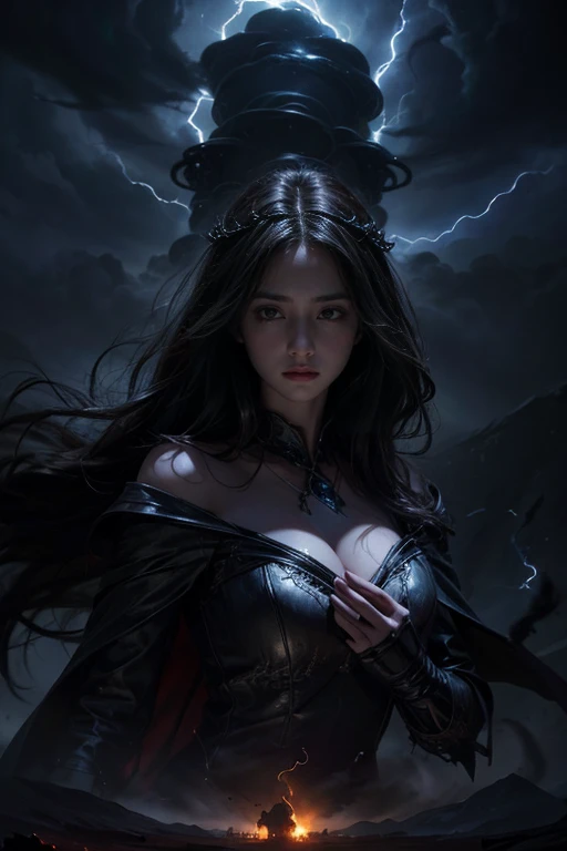 a female wizard conjuring powerful tornados to destroy a dark foreboding castle, detailed facial features, intricate magical effects, dynamic dramatic lighting, fantasy landscape, cinematic composition, photorealistic, high quality, detailed, masterpiece