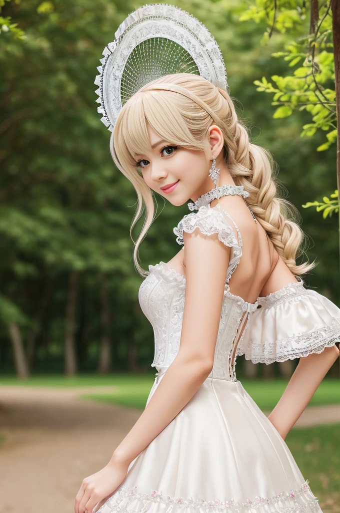 ((Best quality, 8k, Masterpiece, Sharp focus, 35mm lens, f/0.8, amazing beautiful perfect figure :1.4)), side lighting, sexy stylish model, ((big smile)), ((doll-like appearance)), ((shiny sexy Victorian-Style boots)), Highly detailed face and skin texture:1.2, super detailed eyes:1.2, super detailed skin, shiny skin:1.2, blushing, high-fidelity bangs, brilliant light blonde long random hairstyle, ((sexy Paradise Kiss cosplay)), bell-shaped skirt, petticoats, high neckline, puffed sleeves, (( ultra detailed lace)), ((ultra detailed embroidery)), intricate details, Paradise Kiss accessoires and matching headpiece, choker, ((large sparkling Paradise Kiss jewelry)), cinematic light, detailed large park background with trees 
