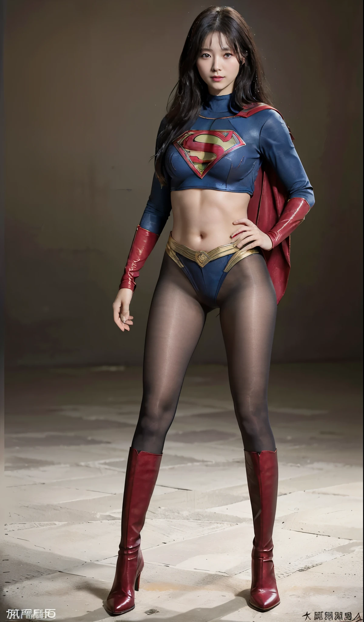 No background、(((Beautiful legs in black tights.)))、(((Legally express the beauty of your smile)))、((((Make the most of your original images)))、(((Supergirl Costume)))、(((Beautiful Hair)))、(((suffering)))、(((Please wear black tights....、Wear red boots)))、((Best image quality、8k))、((highest quality、8k、masterpiece:1.3))、(((Preserve background )))、Sharp focus:1.2、Beautiful woman with perfect figure:1.4、Slim Abs:1.2、Wet body:1.5、Highly detailed face and skin texture、8k