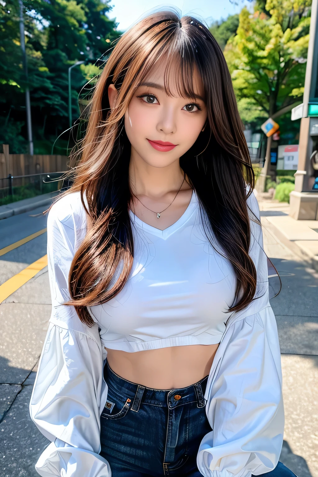 ((Full Body Angle))、((highest quality, 8K, masterpiece: 1.3)), concentrated: 1.2, Cute girl 1, erect、 ct beauty: 1.4,Crisscross V-neck T-shirt, Casual summer short sleeve t-shirt.Shorts: 1.2,Long sleeve、Randall Color、comics&Text Graphics、Black ruffle-trimmed drawstring zip blouse,1.1, Highly detailed face and skin textures, Fine grain, double eyelid, whitening skin, ,highest quality,Ultra-high resolution,you,1 girl,alone,_Shiny_skin,Iris,necklace,((Brown_length_Wavy_hair)),(lips)),eyelash,Front hair,deal with,compensate,Shiny,pore,skin texture,Large Breasts、smile、