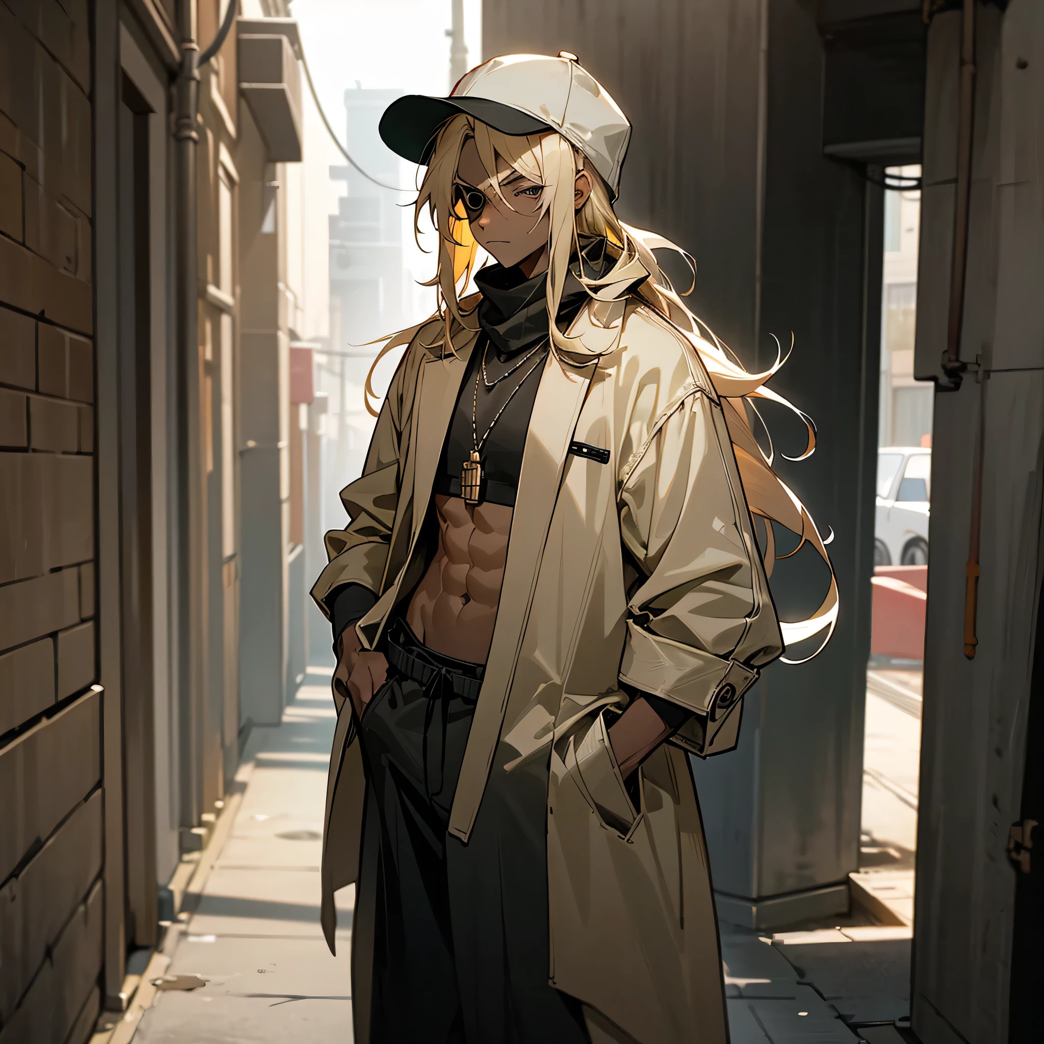 1male, young adult, dark skin, finely detailed grey eyes, eye patch, wild long hair, blonde hair, open baggy overcoat, scarf, loose baggy pants, loose baggy crop top, baseball cap, serious expression, necklace, serious expression, standing In alley, hands in pocket