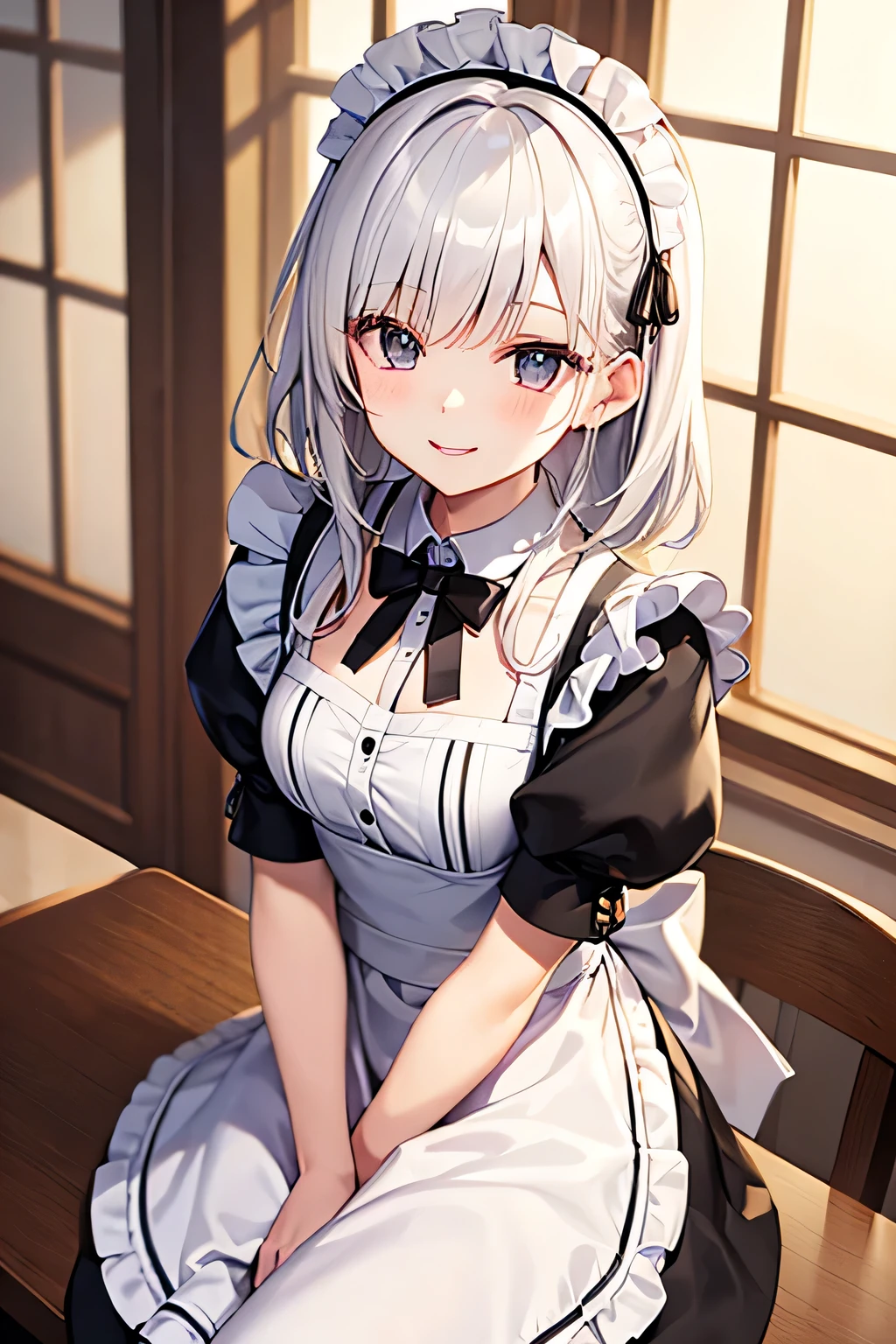 beautiful girl、Maid Cafe、Maid clothes、white hair, Upp、Dazzling smile、