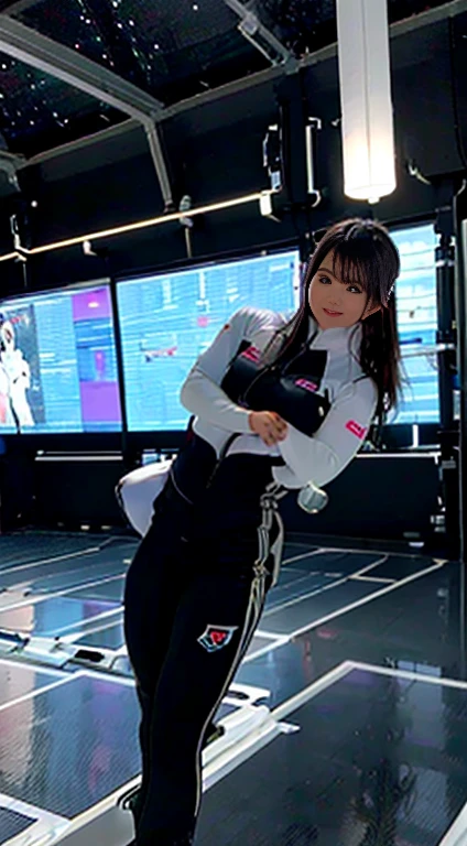 highest quality, Ultra-high resolution, (Realistic: 1.4), Inside the space station, Fitness Area, Astronaut training equipment, Zero Gravity Treadmill, Resistance Band Training Equipment, Floating Dumbbell, LED lighting, Wide々and space, Wall-mounted screen, Fitness equipment storage, Large windows with natural light, Globe seen from the window, Futuristic Design, And the fine details.
In the foreground, Young woman in futuristic training wear, Designed for space. She's stylish, Form-fitting silver and black exercise suit with reflective details, Ideal for zero gravity training. Her hair is tied in a high ponytail, She has a focused yet determined look on her face..
She is in training, standing on the Zero Gravity Treadmill, She is doing curls while holding a floating dumbbell in one hand. Her posture is strong and balanced, Showing off her fitness and poise. The camera angle is a little low, Capture her whole body in a dynamic pose, Highlighting the futuristic workout gear and advanced fitness equipment around her.
The background is the spacious Fitness Area of the space station, with LED lighting highlighting the advanced machinery. Large windows let in plenty of natural light, A spectacular view of the Earth, It creates a breathtaking contrast between the high-tech interior and the natural beauty of the space..