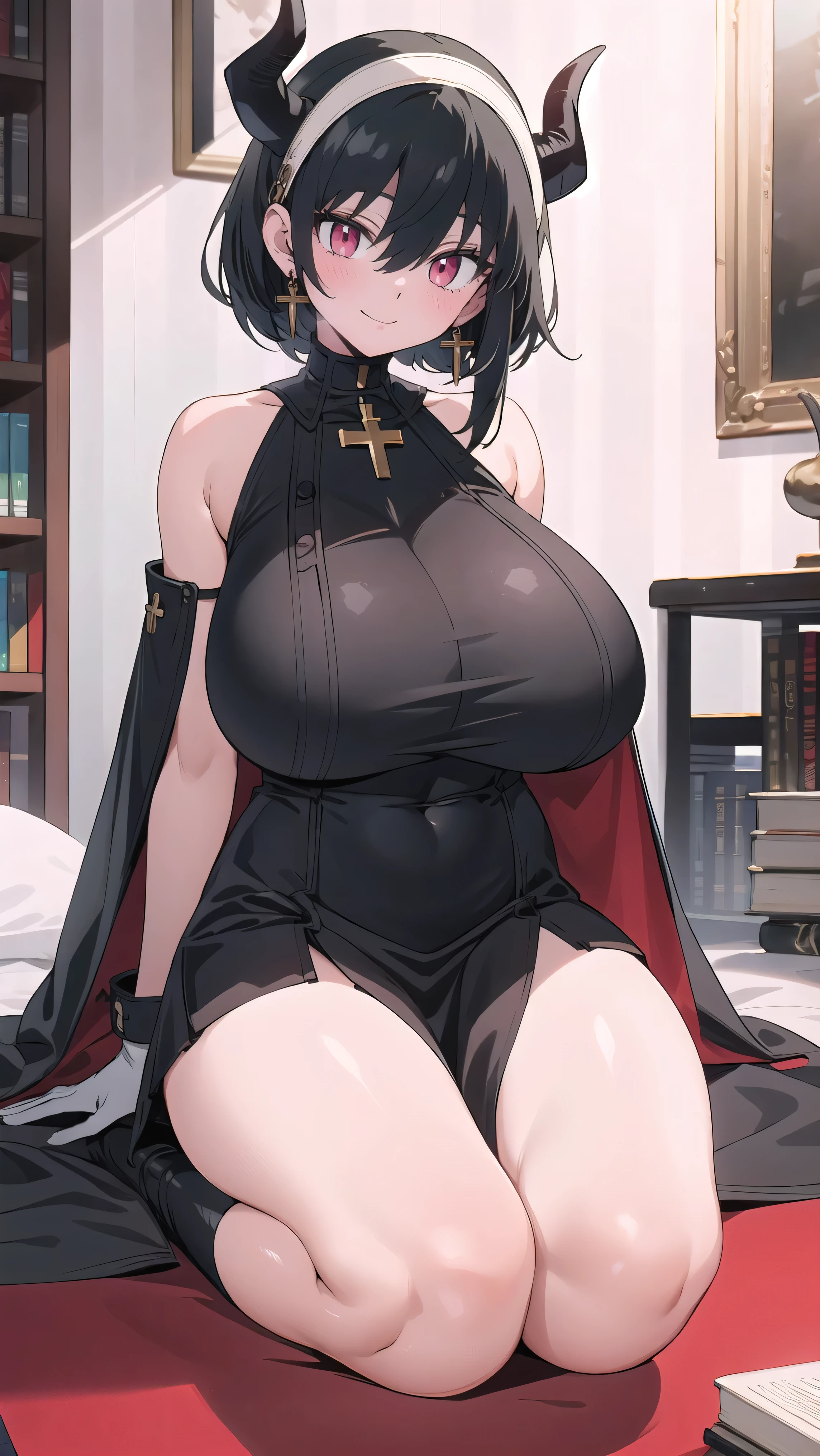 Masterpiece, beautiful details, perfect focus, smooth 8K wallpaper, 4320p, high resolution, exquisite texture in every detail, perfect eyes very high detailed, perfect pupils, sclera_eyes_detail, eyes:1.2, human anatomy correct, pastel, hyper_detailed:1.5, (masterpiece), (picture-perfect:1.4), photo, portrait, 8k, UHD, high_resolution, very_high_resolution, 1girl, solo, short_hair, breasts, looking at viewer, blush, smile, bangs, skirt, (((gigantic_breasts))), detailed background, gloves, (((room background))), Room, books, bookshelf, hair between eyes, bare shoulders, jewelry, sitting, short hair, closed mouth, ((((red_eyes)))), black hair, earrings, horns, black gloves, elbow gloves, black skirt, cape, streaked hair, covered navel, skindentation, open legs, legs_spread, cross, demon horns, impossible clothes, underbust, black cape, bodystocking, cross-laced clothes, iron cross, cross earrings, breast curtains, ((well drawn and drawn: 0.8)), (full body),,anime