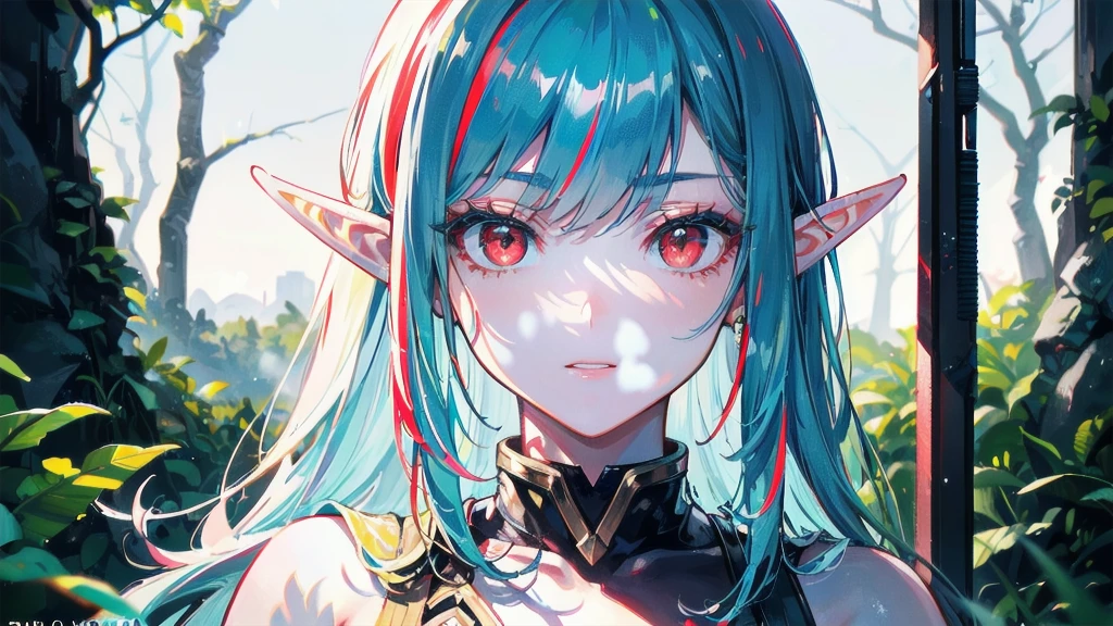 RAW, Realism, hyperrealism, ray tracing, high details, super detail, UHD, 8k, professional photograph, movie photograph, medium shot, Female elf, twenty years old, night, athletic body, soft facial features, long hair, straight hair, (((pacific cyan hair))), (((red eyes faded to yellow))), long white dress, emerald sword, foggy forest