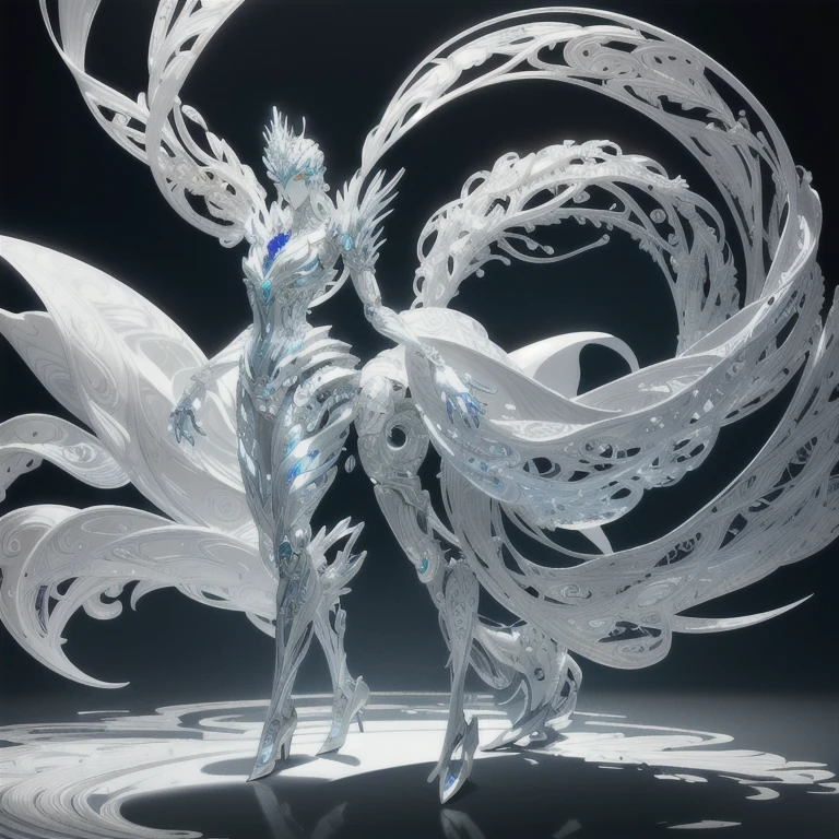 A stunningly intricate and elegant organic robot, crafted from shining white gold plastic, standing gracefully in a dimly lit fantasy environment. Its highly detailed body is covered in intricate designs and flowing curves, making it appear almost organic in nature. The robot is bathed in a soft, diffuse light that casts a warm glow over its smooth, gleaming surfaces.