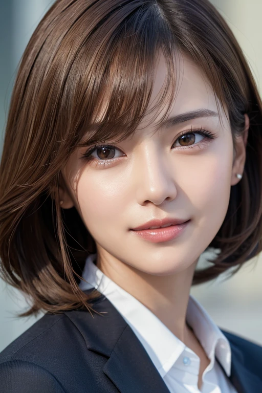 masutepiece、highest quality、Photorealistic、Super detailed、Attention to detail、High resolution、8k wallpaper、1 beautiful woman、light brown disheveled hair、Business Suit、Sharp focus、Perfect dynamic composition、Beautifully detailed eyes、Detailed Hair、Detailed and realistic skin texture、smile、Close-up portrait、Model&#39;s body type、bangs、Bob Hair