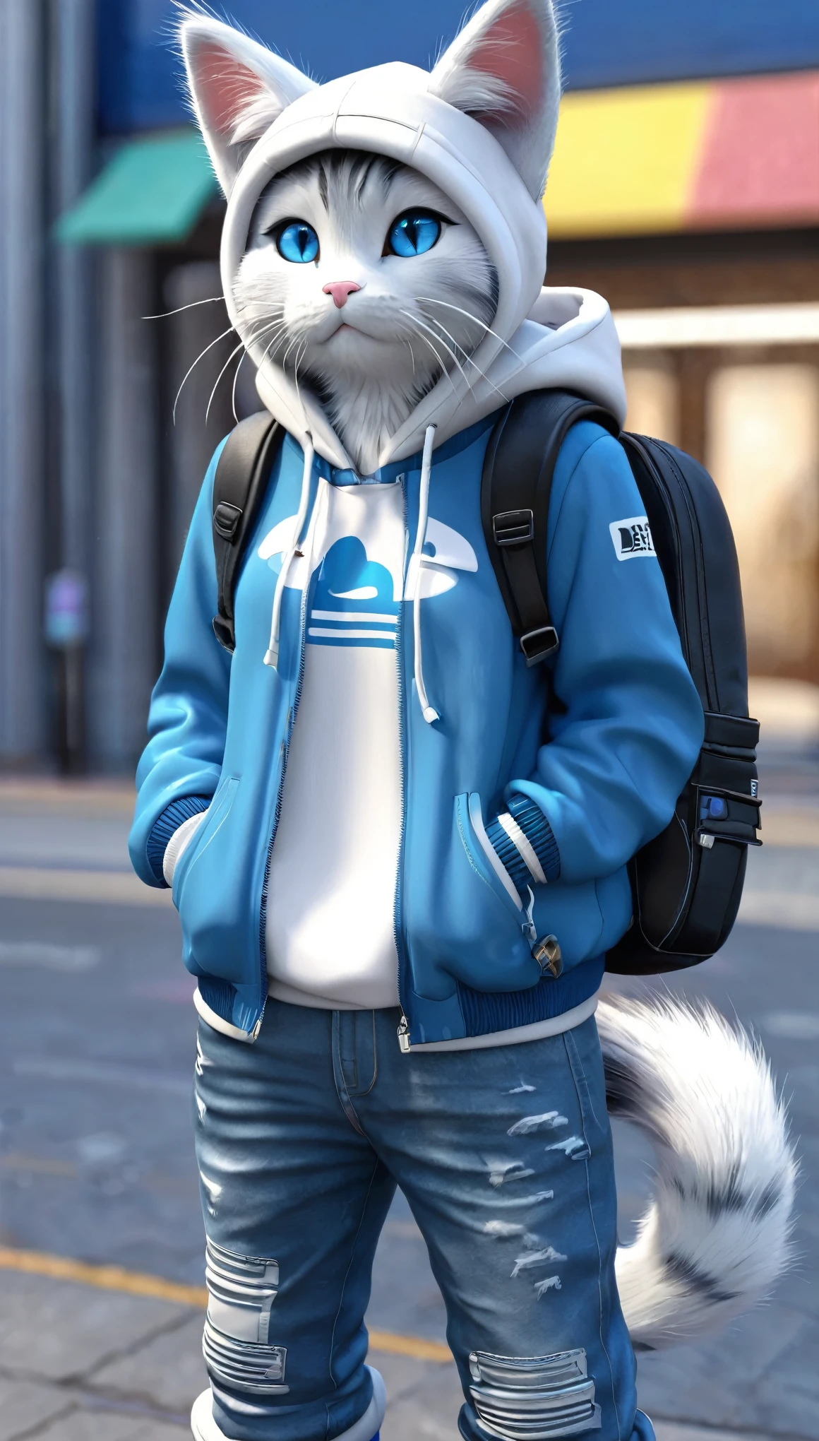 One 3d cat, blue_eyes, solo, male_focus, hood, headphones, furry, jacket, shoes, furry_male, animal_ears, shirt, tail, whiskers, bag, pants, blue_jacket, sneakers, hoodie, blue_pants, denim, full_body, standing, clothes_writing, jeans, backpack