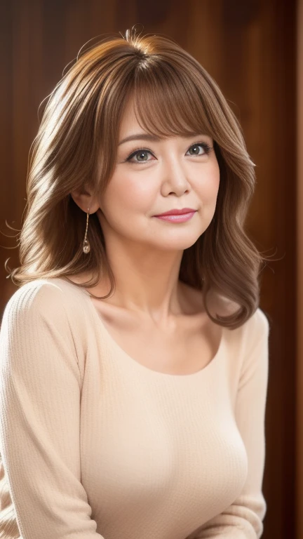masterpiece,highest quality, (1 mature woman), 60 years old、(((nude)))、Big Tits、Saggy breasts、 ((Looking at the audience)),smile, Elegant blouse, Wavy Hair, ((He pouted.)),