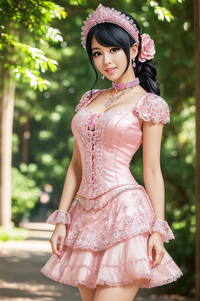 ((Best quality, 8k, Masterpiece, Sharp focus, 35mm lens, f/0.8, amazing beautiful perfect figure :1.4)), side lighting, sexy stylish Asian model, ((big smile)), ((doll-like appearance)), ((beautiful detailed Victorian-Style boots)), Highly detailed face and skin texture:1.2, super detailed eyes:1.2, super detailed skin, shiny skin:1.2, blushing, defined eyebrows:1.2, high-fidelity bangs, brilliant neon pink long random hairstyle, ((sexy Paradise Kiss cosplay)), bell-shaped skirt, petticoats, high neckline, puffed sleeves, (( ultra detailed lace)), ((ultra detailed embroidery)), intricate details, Paradise Kiss accessoires and matching headpiece, choker, ((large sparkling Paradise Kiss jewelry)), cinematic light, detailed large park background with trees 