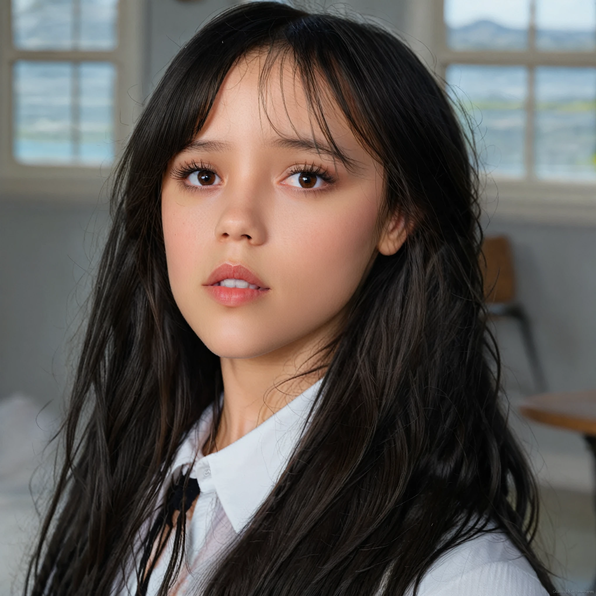 a close-up of a woman with long hair and a white shirt, Jenna Ortega, Very pretty face, ihr Gesicht sieht aus wie eine Orchidee, beautiful delicate face, Chloe Bennet, Vorhangpony mit Mittelscheitel, brown hair and big eyes, Pony und welliges Haar, beautiful attractive face, Sie hat schwarze Haare mit Pony, she has a sweet face, beautiful latina face