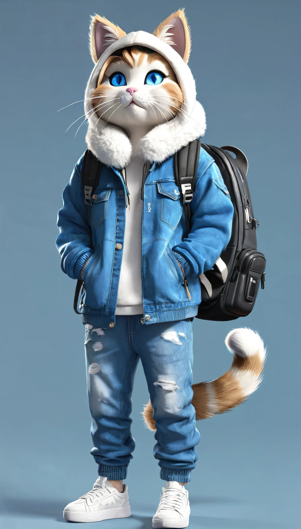 One 3d cat, blue_eyes, solo, male_focus, hood, headphones, furry, jacket, shoes, furry_male, animal_ears, shirt, tail, whiskers, bag, pants, blue_jacket, sneakers, hoodie, blue_pants, denim, full_body, standing, clothes_writing, jeans, backpack