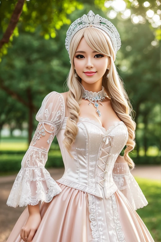 ((Best quality, 8k, Masterpiece, Sharp focus, 35mm lens, f/0.8, amazing beautiful perfect figure :1.4)), side lighting, sexy stylish model, ((big smile)), ((doll-like appearance)), ((beautiful detailed Victorian-Style boots)), Highly detailed face and skin texture:1.2, super detailed eyes:1.2, super detailed skin, shiny skin:1.2, blushing, long lashes:1.2, defined eyebrows:1.2, high-fidelity bangs, brilliant light blonde long random hairstyle, ((sexy Paradise Kiss cosplay)), bell-shaped skirt, petticoats, high neckline, puffed sleeves, (( ultra detailed lace)), ((ultra detailed embroidery)), intricate details, Paradise Kiss accessoires and matching headpiece, choker, ((large sparkling Paradise Kiss jewelry)), cinematic light, detailed large park background with trees 