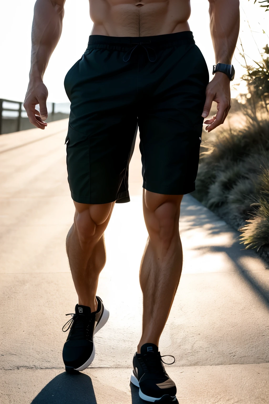 Masculine legs
a chiseled male figure, (muscularity:1.5), strong and defined quadriceps, (detailed muscles:1.3), powerful calf muscles, toned and tanned lower body, (natural skin texture:1.4), sun-kissed legs, (photorealism:1.6), close-up focus, (Low Angle Shot:1.2), rugged boots, (Realism:1.8), textured leather, (High Contrast Lighting:1.3), masterpiece, powerful, athletic, muscular, toned, masculine, photorealistic, Walking towards the setting sun,