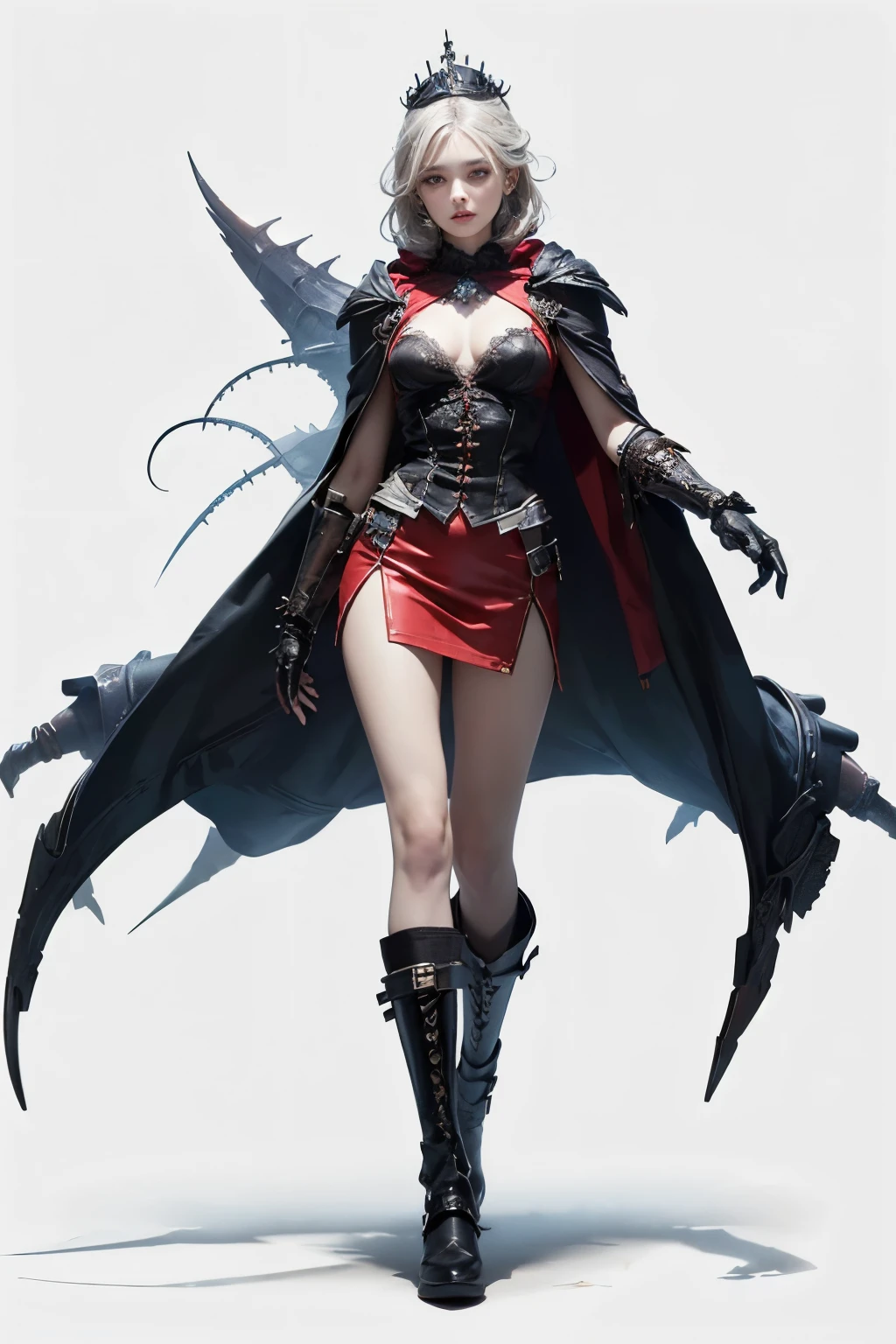 mpts
Copy
(((masutepiece, of the highest quality, super detailed))), a knight, white background, plain background, Bloodborne inspired, Bloodborne, occult aesthetic, occult, Complex mechanical cyborg girl, Skeleton body, red and white clothing detailed and intricate steampunk and detailed gothic ta (with a hood), diadems, very thin long legs, Complex mechanical boots above the knee, Fluttering lace flared mini skirt, beautiful small breasts directed upwards, (((( Highly detailed face))), small thin nose, Small thin lips mouth, (((Very sharp focused eyes))), Very large slit precision pale grey eyes that shine like jewels. very long eyelashes, Silver hair swaying in the wind, Emitting a dazzling light in a mandala pattern, white background, Very dramatic and cinematic lighting, red and white clothing, full body, whole body, body, cosmic horror