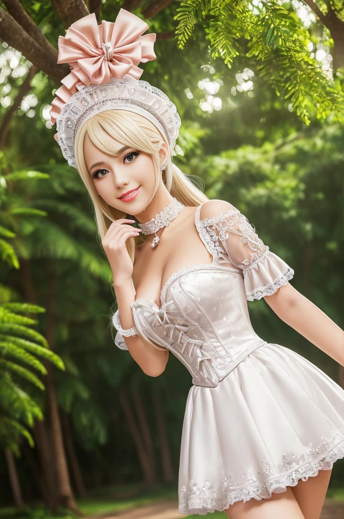 ((Best quality, 8k, Masterpiece, Sharp focus, 35mm lens, f/0.8, amazing beautiful perfect figure :1.4)), side lighting, sexy stylish model, ((big smile)), ((doll-like appearance)), ((beautiful detailed Victorian-Style boots)), Highly detailed face and skin texture:1.2, super detailed eyes:1.2, super detailed skin, shiny skin:1.2, blushing, long lashes:1.2, defined eyebrows:1.2, high-fidelity bangs, brilliant light blonde long random hairstyle, ((sexy Paradise Kiss cosplay)), bell-shaped skirt, petticoats, high neckline, puffed sleeves, (( ultra detailed lace)), ((ultra detailed embroidery)), intricate details, Paradise Kiss accessoires and matching headpiece, choker, ((large sparkling Paradise Kiss jewelry)), cinematic light, detailed large park background with trees 