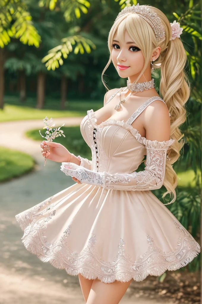 ((Best quality, 8k, Masterpiece, Sharp focus, 35mm lens, f/0.8, amazing beautiful perfect figure :1.4)), side lighting, sexy stylish model, ((big smile)), ((doll-like appearance)), ((beautiful detailed Victorian-Style boots)), Highly detailed face and skin texture:1.2, super detailed eyes:1.2, super detailed skin, shiny skin:1.2, blushing, long lashes:1.2, defined eyebrows:1.2, high-fidelity bangs, brilliant light blonde long random hairstyle, ((sexy Paradise Kiss cosplay)), bell-shaped skirt, petticoats, high neckline, puffed sleeves, (( ultra detailed lace)), ((ultra detailed embroidery)), intricate details, Paradise Kiss accessoires and matching headpiece, choker, ((large sparkling Paradise Kiss jewelry)), cinematic light, detailed large park background with trees