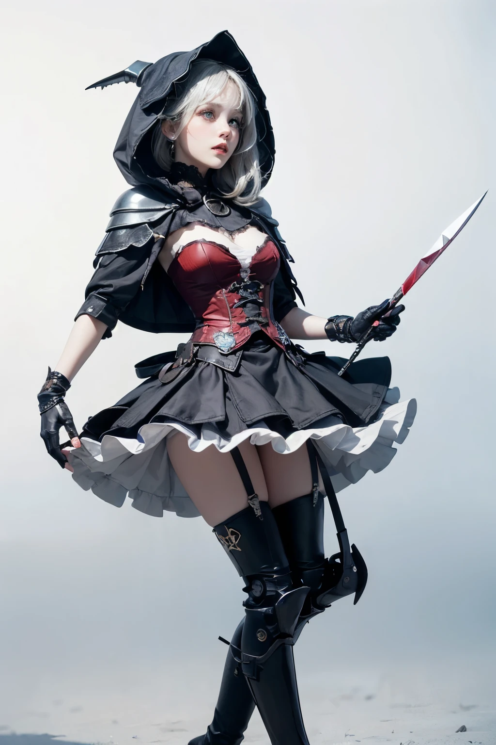 mpts
Copy
(((masutepiece, of the highest quality, super detailed))), a knight, white background, plain background, Bloodborne inspired, Bloodborne, occult aesthetic, occult, Complex mechanical cyborg girl, Skeleton body, red and white clothing detailed and intricate steampunk and detailed gothic lolita (with a hood), diadems, very thin long legs, Complex mechanical boots above the knee, Fluttering lace flared mini skirt, beautiful small breasts directed upwards, (((( Highly detailed face))), small thin nose, Small thin lips mouth, (((Very sharp focused eyes))), Very large slit precision pale grey eyes that shine like jewels. very long eyelashes, Silver hair swaying in the wind, Emitting a dazzling light in a mandala pattern, white background, Very dramatic and cinematic lighting, red and white clothing, full body, whole body, body, cosmic horror