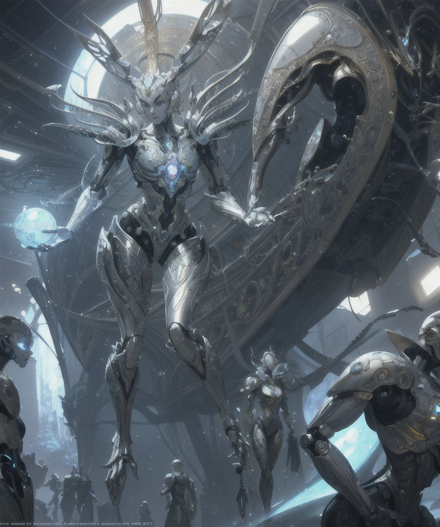 organic robot, white gold plastic, diffuse lighting, fantasy, intricate, elegant, highly detailed, realistic, realistic, digital painting, art station, illustration, concept art, smooth, sharp focus, art by John Collier and Albert Obright and Krenz Kusart and Artem Demulla, full body,