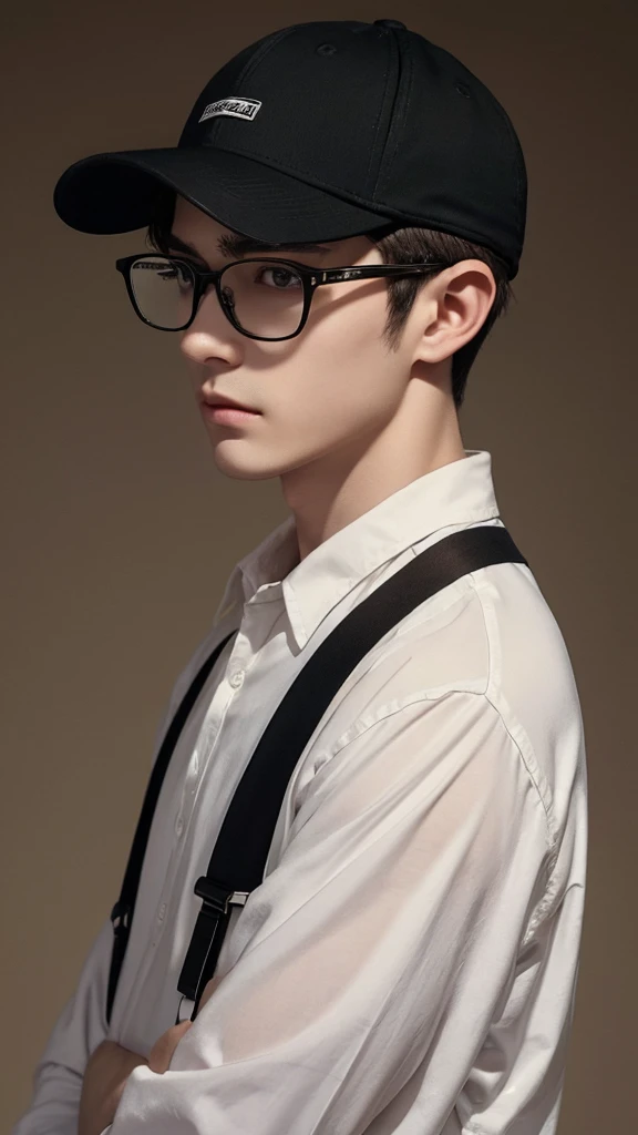 (1male:1.6),solo,male focus,25 year old,(pale skin:1.3),glasses,[short hair],brown hair,brown eyes,handsome,hair in front of face,dramatic,Takehisa_Hinawa,looking at viewer,(best quality:1.4),[:intricate details:0.2],masterpiece,detailed background,semirealistic,(mood lighting:1.1),facing forward,black tshirt,brown suspenders,black baseball cap,