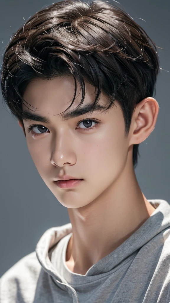 juvenile, man, (Highly detailed CG Unity 8K wallpaper, highest quality, super detailed, Realistic, look at the camera:1.5, gray background), , boy, Japanese, short black hair, sharp eyebrows, round face, average eyes, small nose, normal lips, casual clothing, glaring light on face