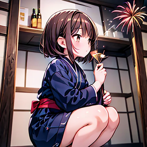 Profile of a Japanese-style woman with short brown hair squatting and holding fireworks,24-years-old,Beautiful brown hair, (Clear brown eyes), Slightly chubby,Small breasts