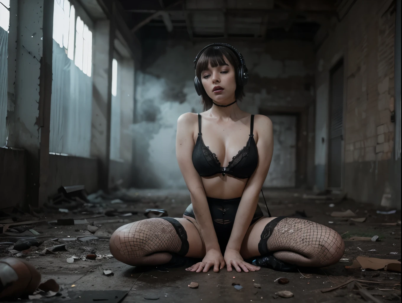 (Best Quality,hight resolution,Masterpiece, half body shot:1.2),Ultra-detailed,woman dressed in black high waisted thong and black top,sickly,sitting on the ground in an abandoned warehouse, black thong and fishnet stockings, she has her headphones on, her mouth is open, she has an ecstatic expression on her face, headphones on, her mouth is completely opened, closed eyes, full body shot, perfect body, centered subject,gloomy ecstasy,fetish,dark gloomy atmosphere, creepy atmosphere, gritty texture,Retro-atmosphere,warped reality,melancholic expression on his face,mysterious aura,foggy atmosphere,foggy background,Subtle color palette,provocative pose,Strong emotions,Coming Out of the Depths of Despair,Piercing gaze,intense shadows,Plunged in Darkness,dark industrial aesthetic,ominous vibe,A supernatural sensation,Loss of Place in Time and Space,Eerie silence.asymmetrical bangs, freckles, black short hair, Bangs, freckles, gray eyes,