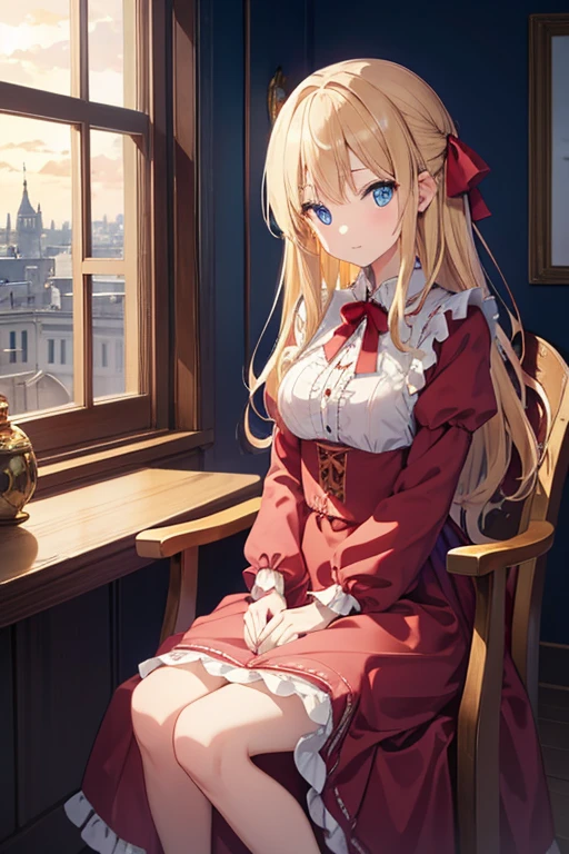 masterpiece, highest quality, High resolution, 47-year-old woman、blue eyes、
blonde,  Long Hair、Crimson frill dress、Long skirt、Western-style building、Sit by the window