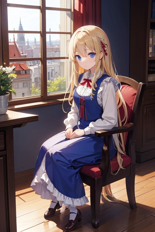 masterpiece, highest quality, High resolution, 47-year-old woman、blue eyes、
blonde,  Long Hair、Crimson frill dress、Long skirt、Western-style building、Sit by the window
