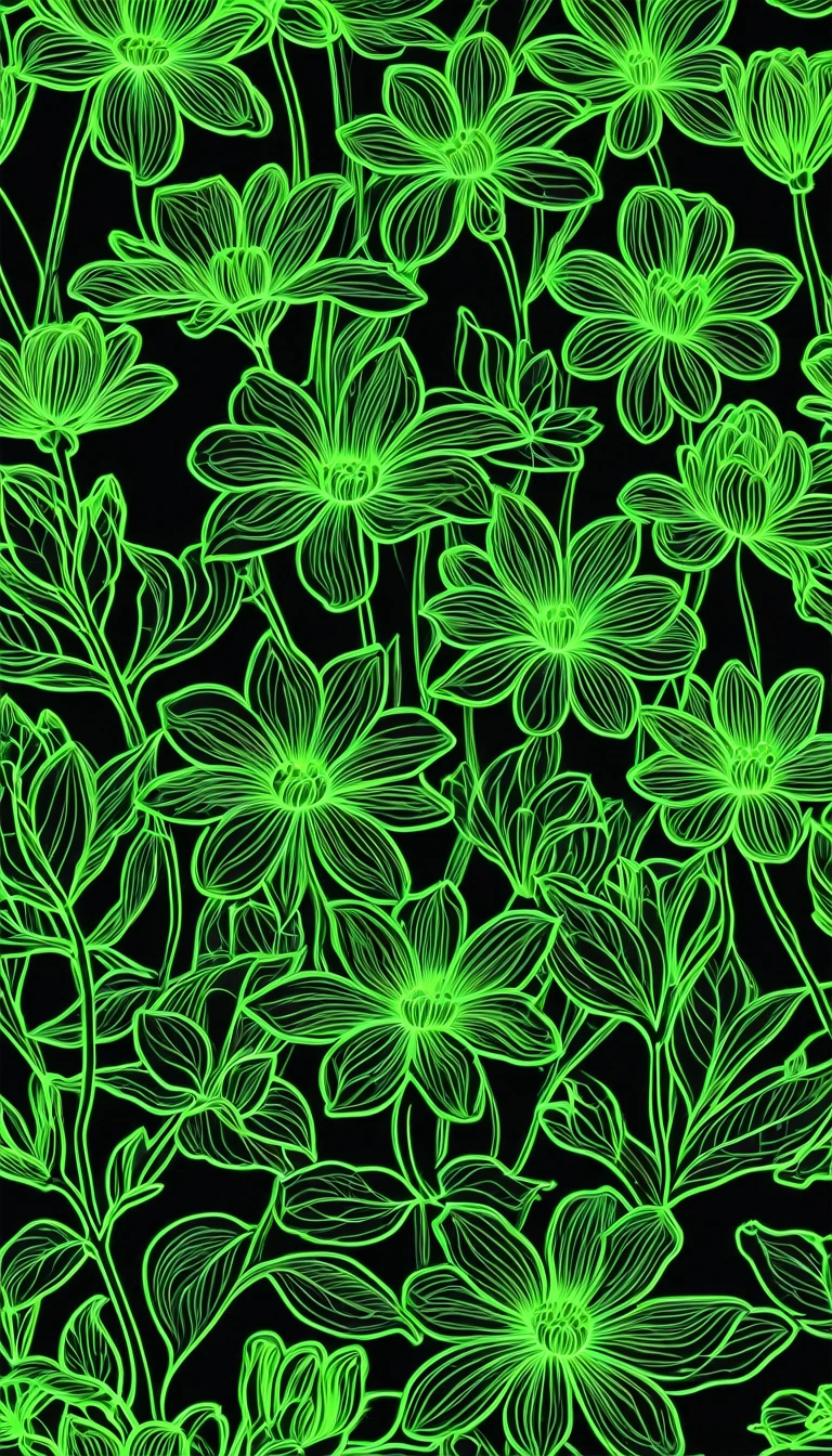 Neon green outline of flowers, black background
