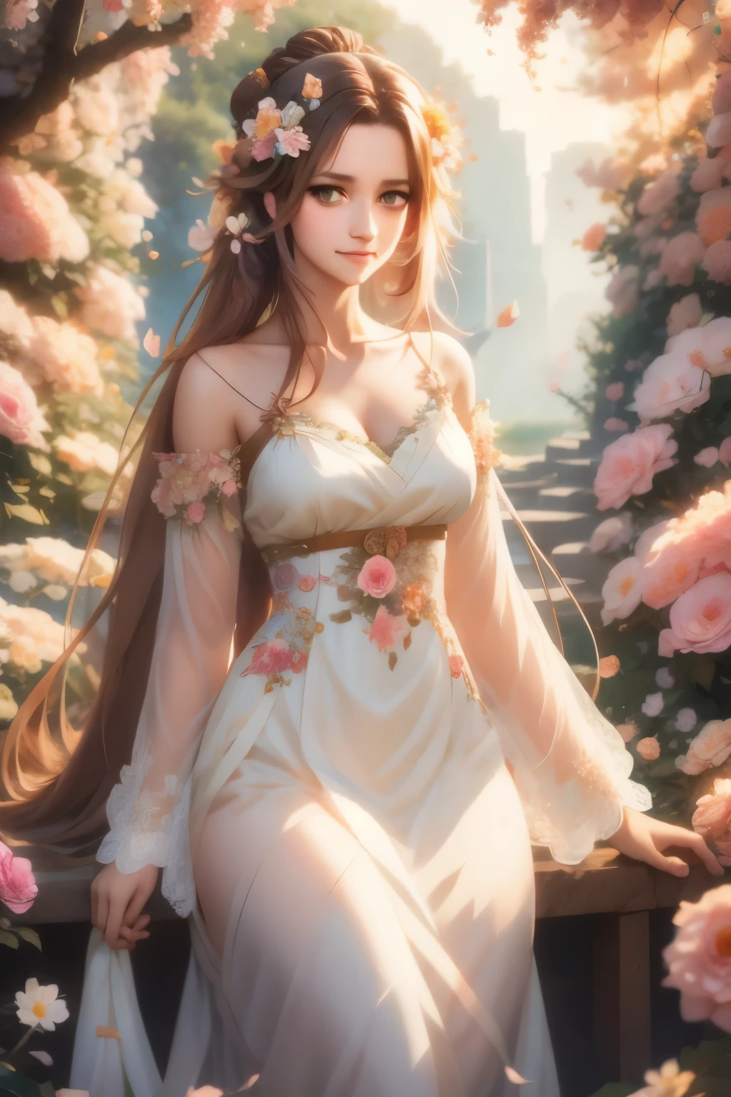 anime - style girl with long hair and flowers in her hair, cute anime waifu in a nice dress, beautiful anime girl, cute detailed digital art, beautiful anime portrait, guweiz on pixiv artstation, artwork in the style of guweiz, guweiz on artstation pixiv, detailed digital anime art, anime style 4 k
