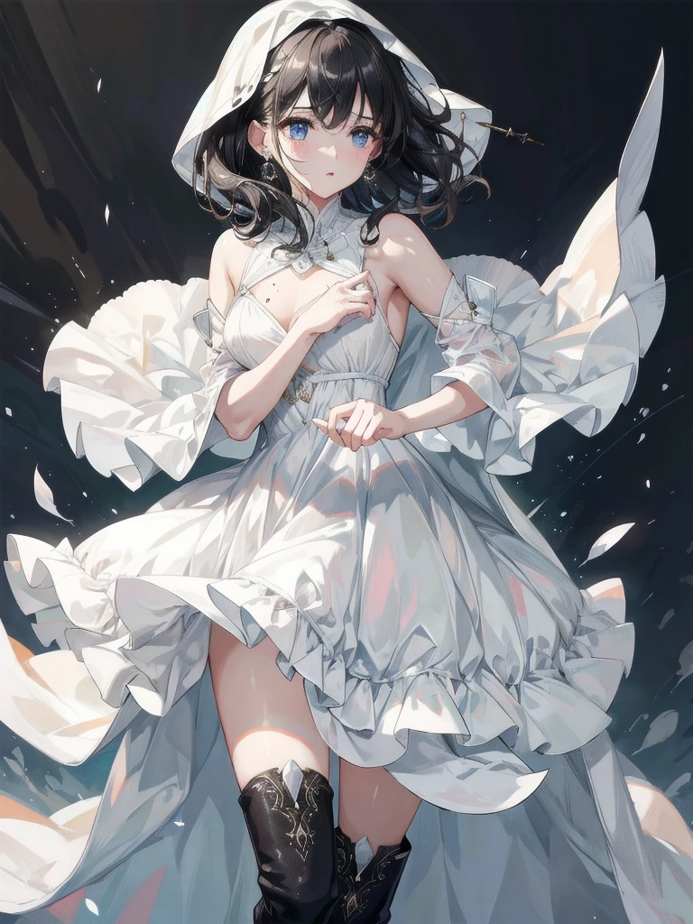 fluttery white dress, coat, black boots, absurdres, RAW photo, extremely delicate and beautiful, masterpiece, Best Quality, ultra high resolution, 32k, hyperrealistic, ultra-detailed, perfect figure, tearful mole, earring, whole body shot, short medium hair, wavy hair,