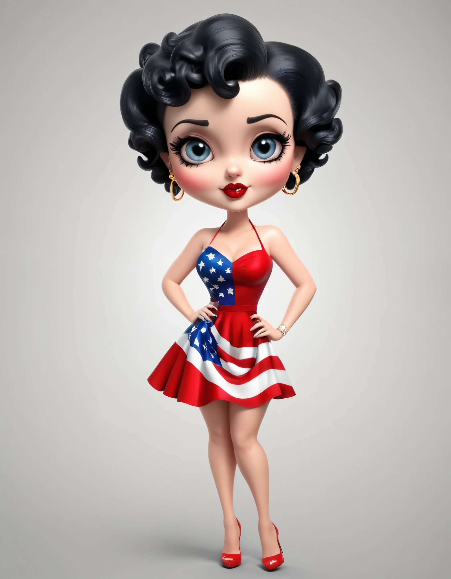 Betty Boop, an iconic character, wearing a red dress with the American flag pattern. She strikes a playful pose, with wide eyes, red lipstick, gold hoop earrings, and a short curly hairstyle. Photo realistic, 8k, vibrant color distant full body view