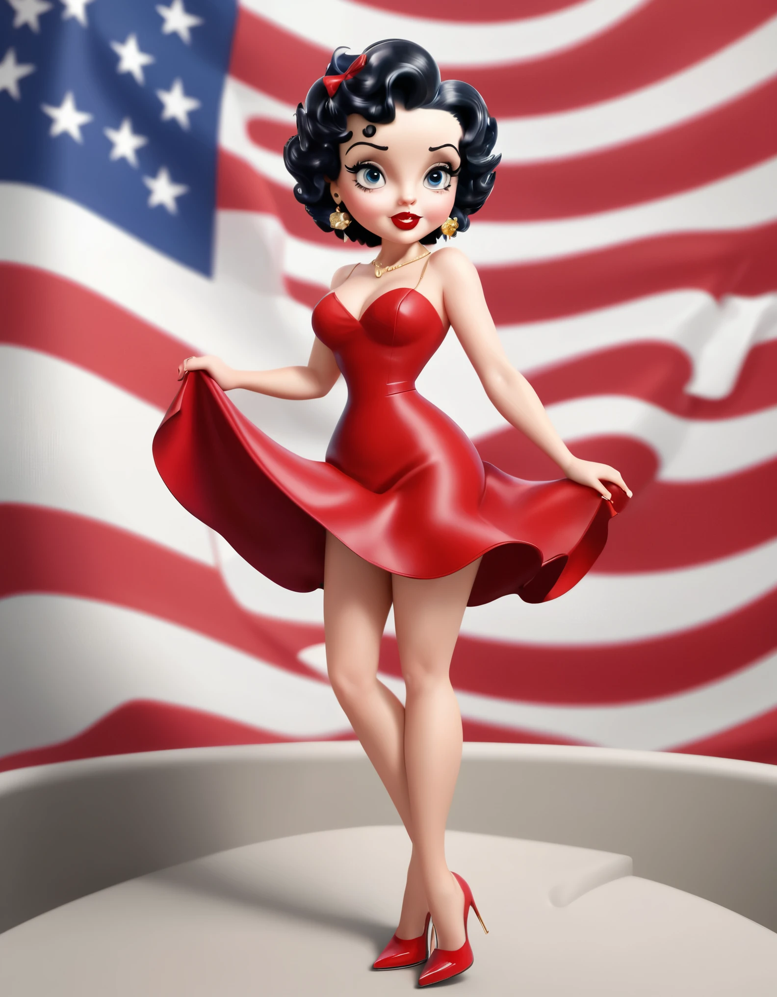 Betty Boop, an iconic character, wearing a red dress with the American flag pattern. She strikes a playful pose, with wide eyes, red lipstick, gold hoop earrings, and a short curly hairstyle. Photo realistic, 8k, vibrant color distant full body view